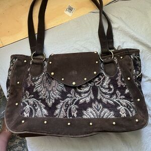 Y2K vintage floral patterned brown white bag with gold detail